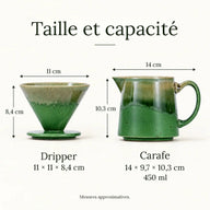 Dimensions du dripper en céramique verte et de la carafe de 450 ml