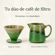 Set de dos piezas: gotero cónico verde con nervaduras y jarra de 450 ml