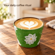 Grüne Keramik-Kaffeetasse mit weißem Blumenmotiv und Herz-Latte-Art auf einem sonnigen Holztisch.