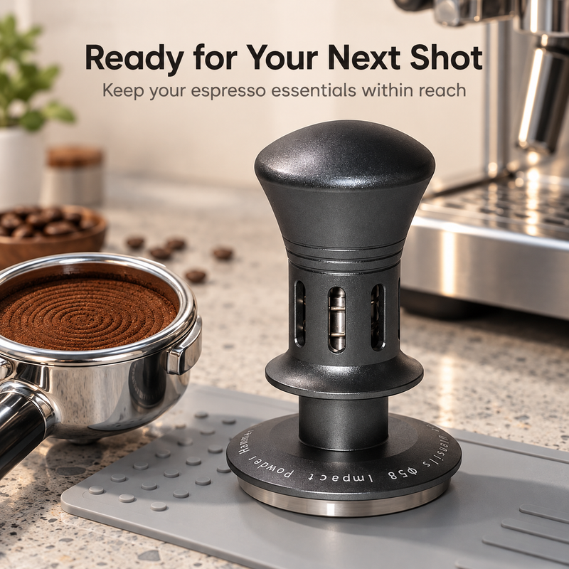 Gunmetal espresso tamper on a tamping mat beside a coffee-filled portafilter