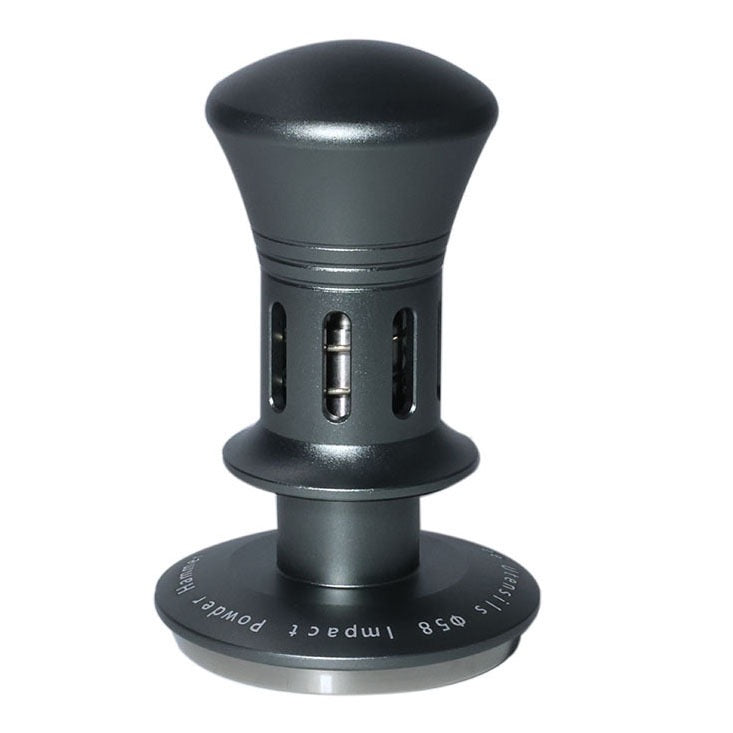 Gunmetal spring-loaded espresso tamper with rounded handle and stainless steel base