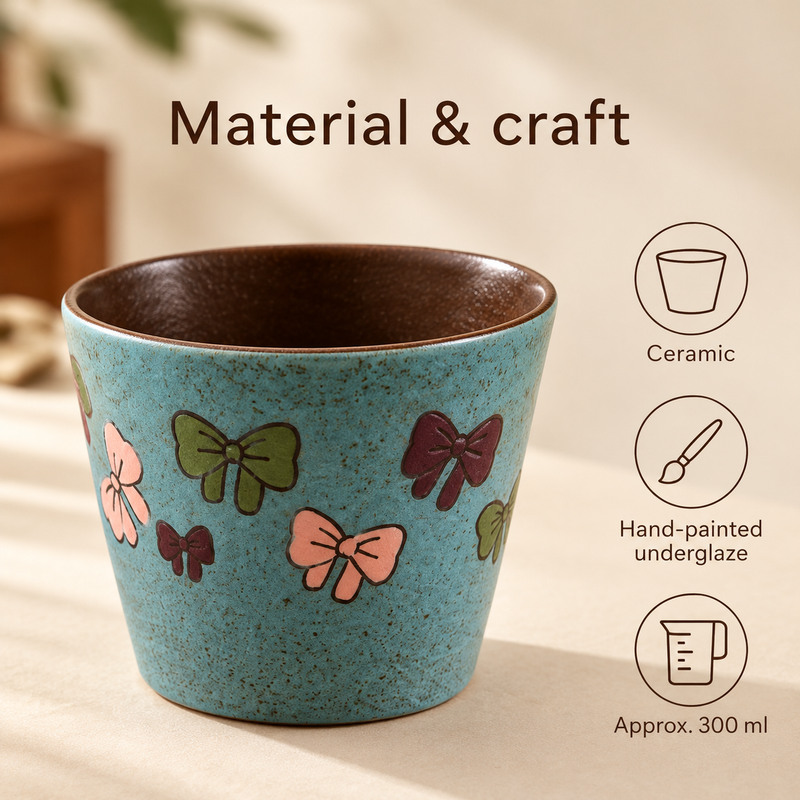 Turquoise bows ceramic coffee cup with hand-painted underglaze decoration and approximately 300 ml capacity