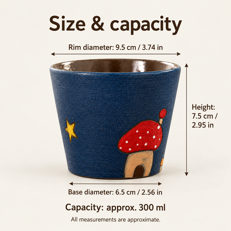 Ceramic coffee cup dimensions: rim diameter 9.5 cm, height 7.5 cm and base diameter 6.5 cm; approximate capacity 300 ml