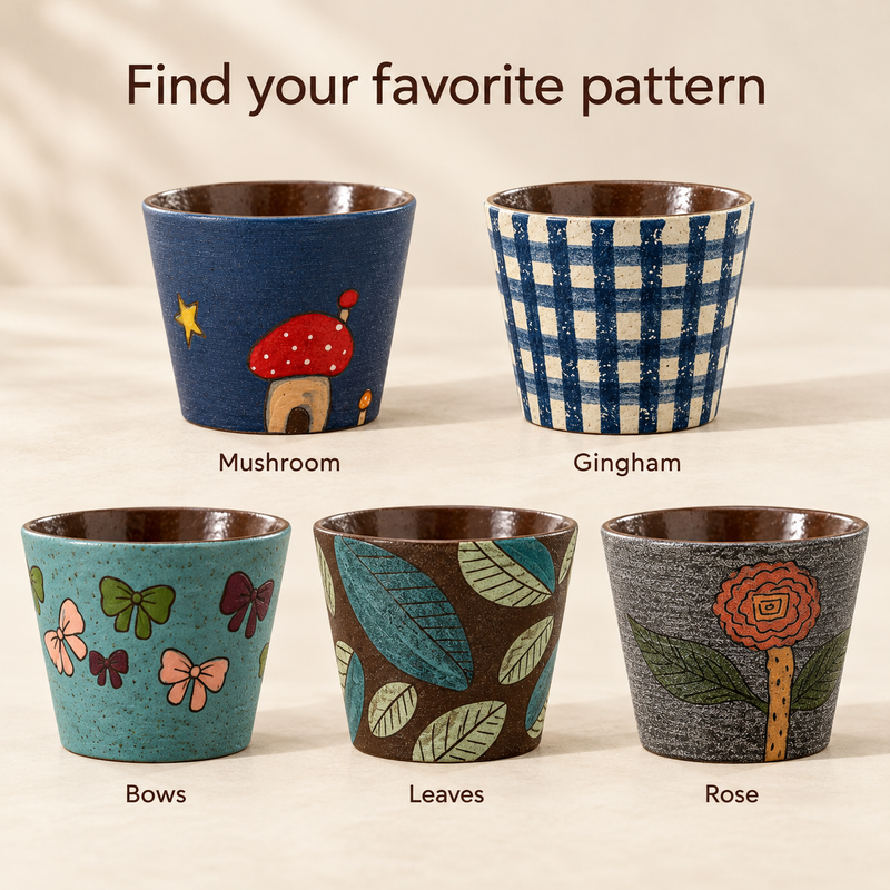 Five ceramic coffee cup pattern options: Mushroom, Gingham, Bows, Leaves and Rose