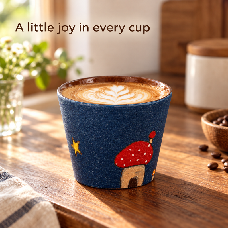 Navy mushroom ceramic coffee cup filled with latte on a wooden kitchen counter
