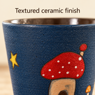 Close-up of the textured navy ceramic finish and red mushroom house decoration