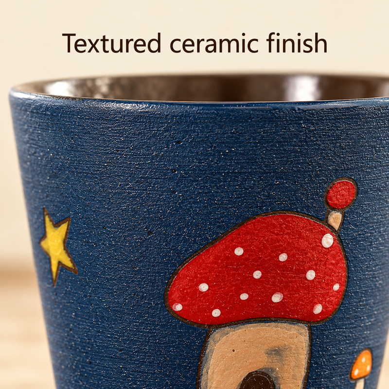 Close-up of the textured navy ceramic finish and red mushroom house decoration