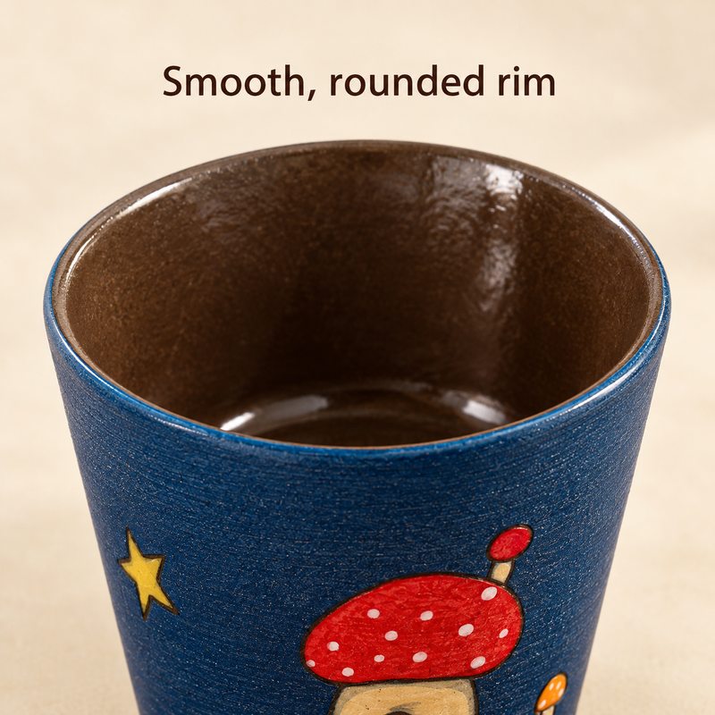 Close-up of the rounded rim and brown glazed interior of the ceramic coffee cup