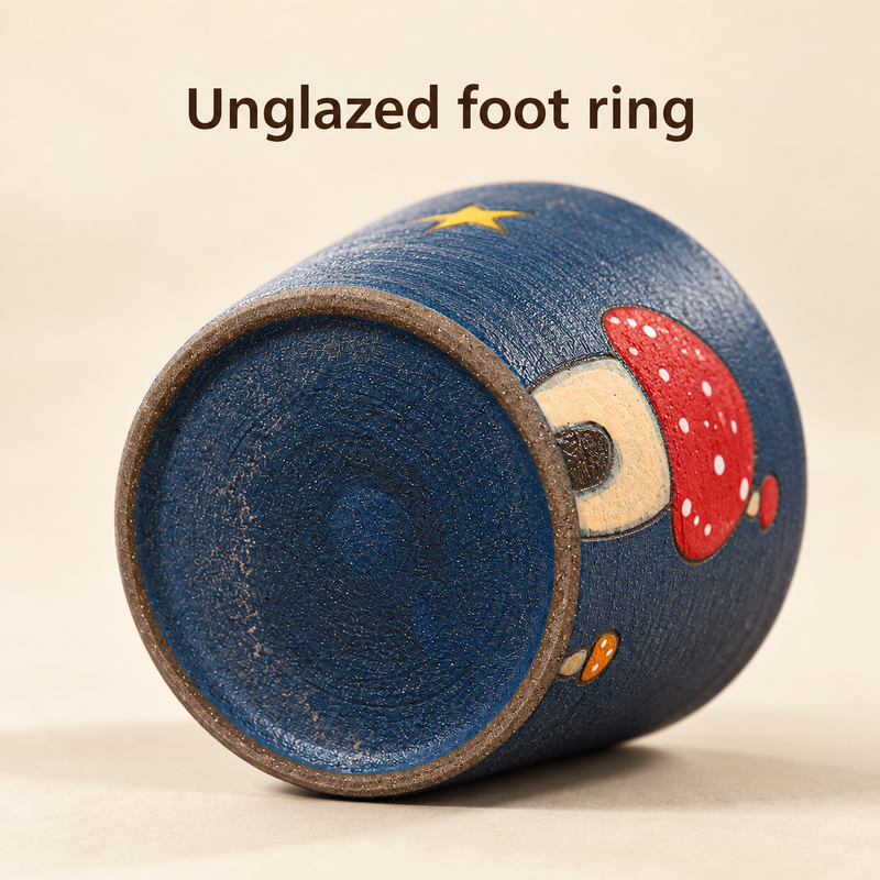 Underside of the navy mushroom ceramic cup showing the unglazed brown foot ring