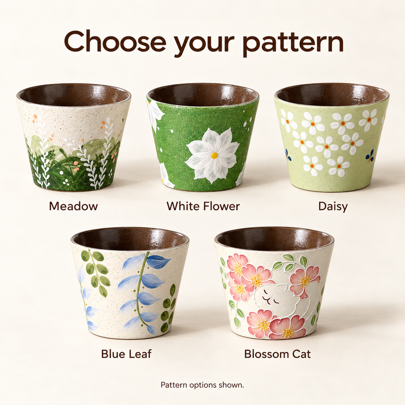 Fünf Muster für Keramiktassen: Wiese, Weiße Blume, Gänseblümchen, Blaues Blatt und Blütenkatze.