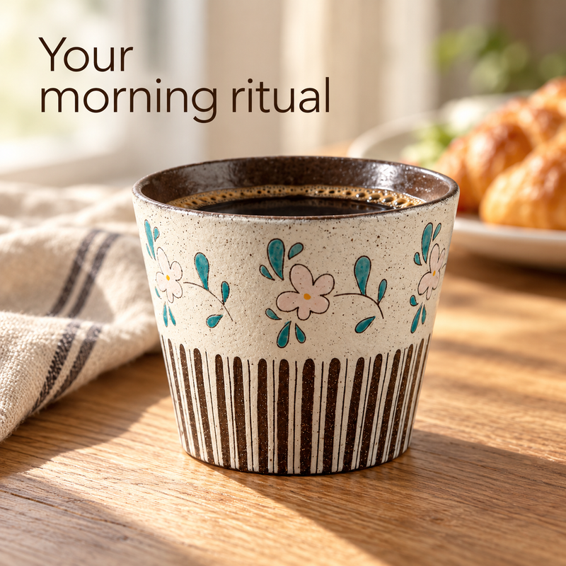 Floral Stripe ceramic cup filled with coffee on a sunlit wooden breakfast table.