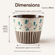 Floral Stripe cup dimensions: mouth diameter approx. 9.4 cm, height 7.5 cm, base diameter 6.5 cm, with inch equivalents and 300 ml capacity.