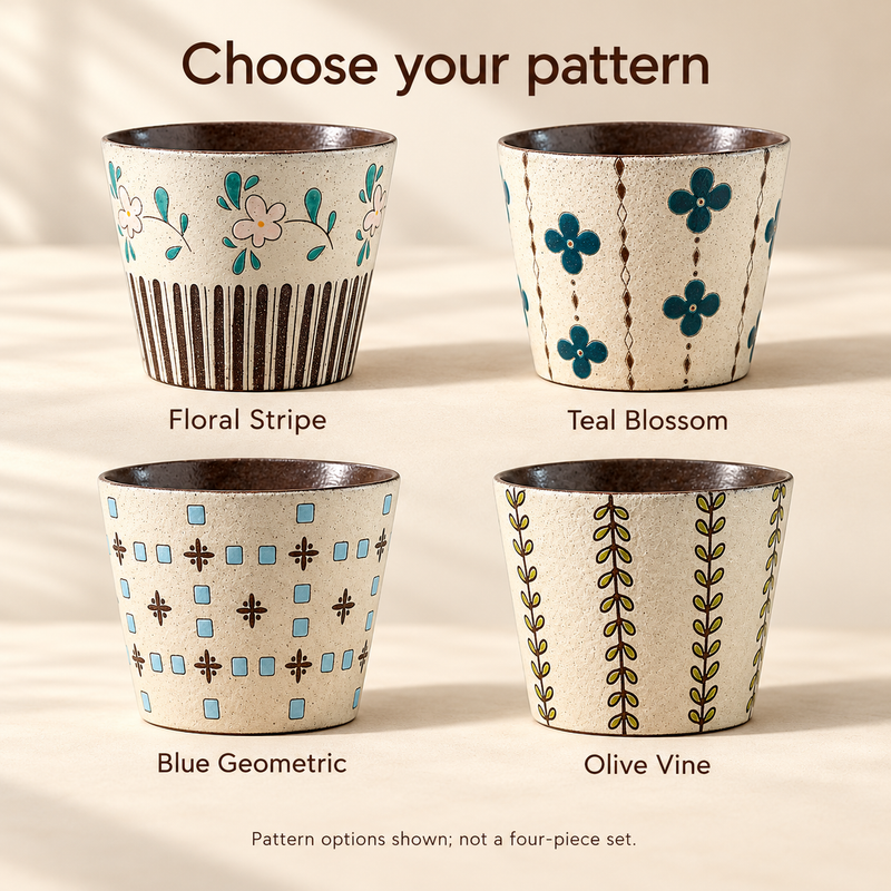 Four individual pattern options: Floral Stripe, Teal Blossom, Blue Geometric and Olive Vine.