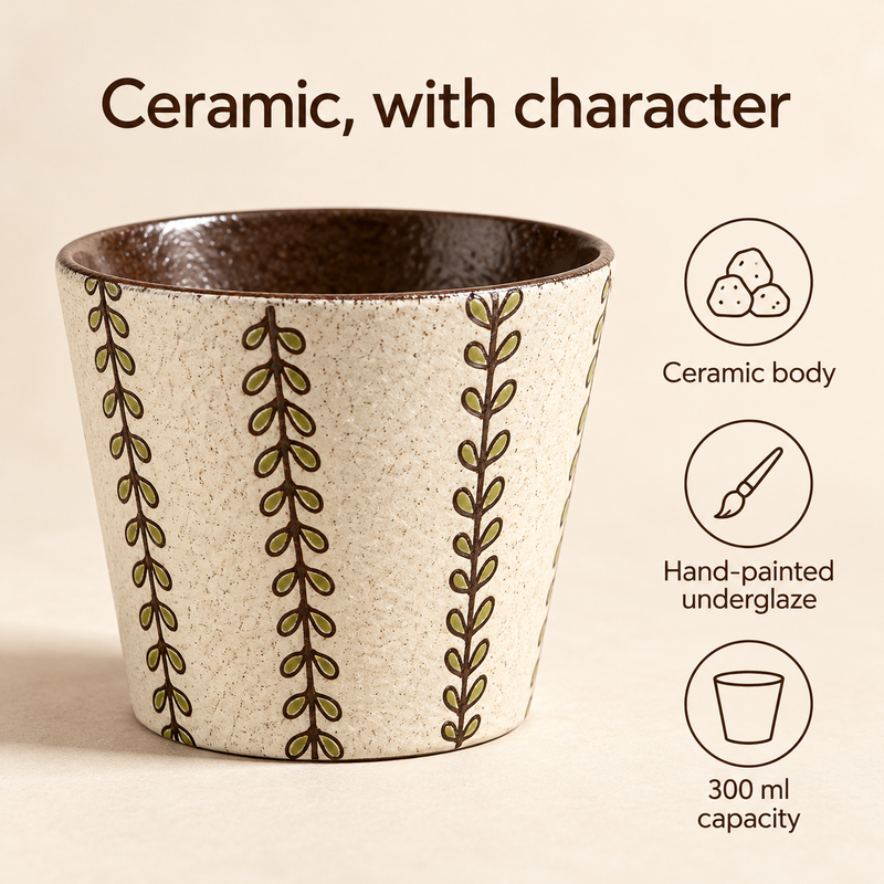 Tazza in ceramica Tralcio oliva con indicazioni su corpo in ceramica, sottosmalto dipinto a mano e capacità 300 ml.
