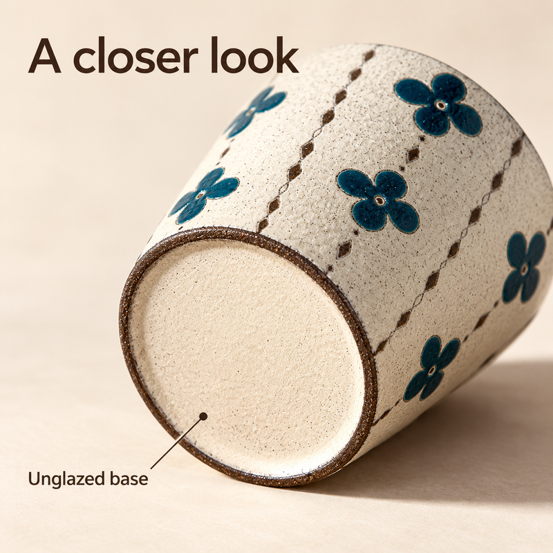 Teal Blossom ceramic cup on its side showing the pale unglazed base and narrow brown foot ring.