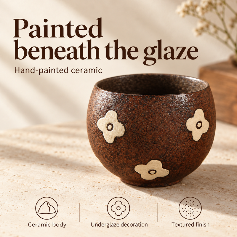 Tazza in ceramica Fiori marroni con decoro sottosmalto dipinto a mano e finitura materica