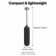 Handheld milk frother dimensions showing 244 mm overall length, 35 mm handle width and approximately 160 g weight