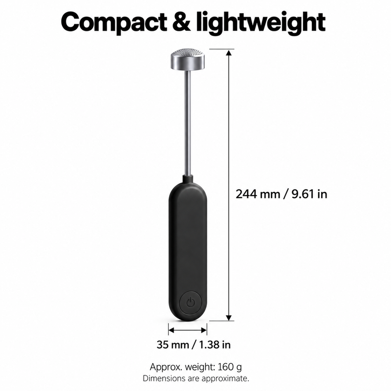 Handheld milk frother dimensions showing 244 mm overall length, 35 mm handle width and approximately 160 g weight