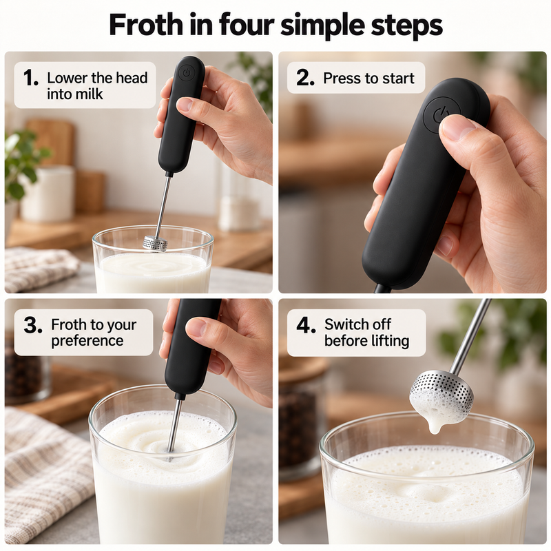 Four-step milk frother guide showing immersion, button control, frothing and switching off before lifting