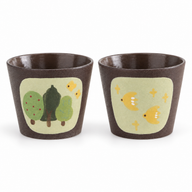 Trees and Birds patterned handleless ceramic coffee cups on a white background; pattern options shown