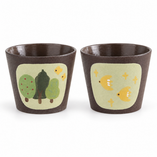 Tazas de café de cerámica sin asa con diseño Árboles y Pájaros sobre fondo blanco; opciones de diseño