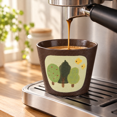 Handleless Ceramic Coffee Cup 300ml (10.1 fl oz) – Textured Brown Finish, Glazed Interior, Trees or Birds Pattern