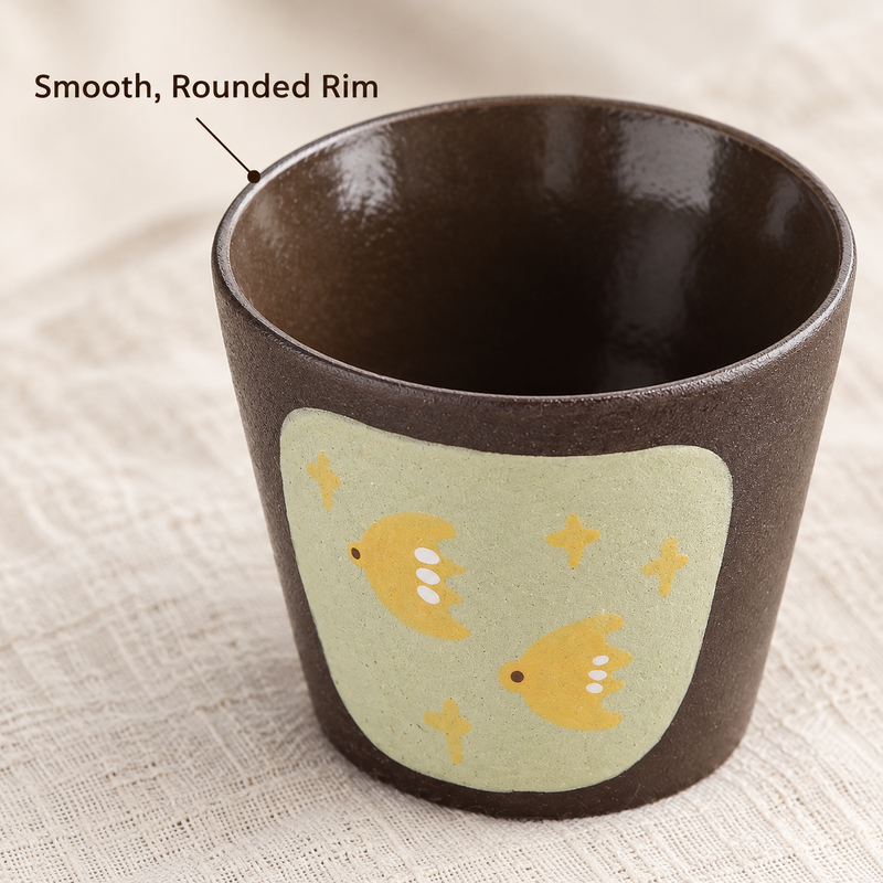 Close-up of the rounded rim and dark glazed interior of the Birds patterned ceramic cup