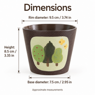 Ceramic cup dimensions: rim diameter 9.5 cm, height 8.5 cm and base diameter 7.5 cm, with inch equivalents