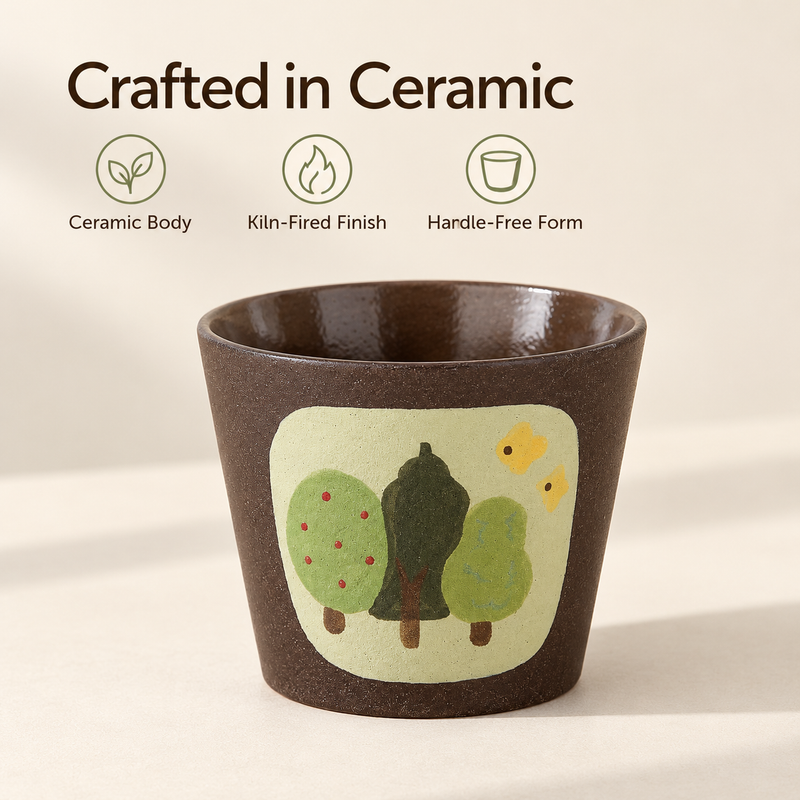 Trees patterned cup with ceramic body, kiln-fired finish and handle-free form features