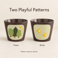 Trees and Birds ceramic coffee cup pattern options side by side