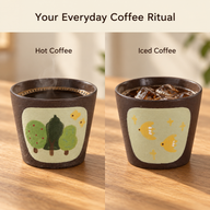 Trees patterned cup with hot black coffee and Birds patterned cup with iced coffee