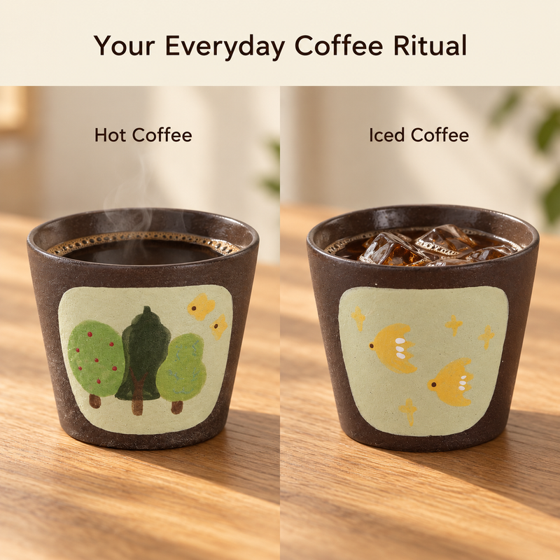 Trees patterned cup with hot black coffee and Birds patterned cup with iced coffee