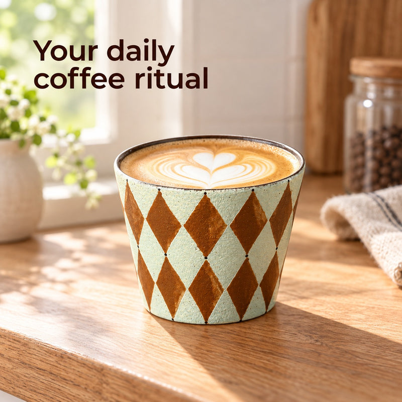 Diamond-pattern ceramic cup filled with latte art on a sunlit wooden kitchen counter.