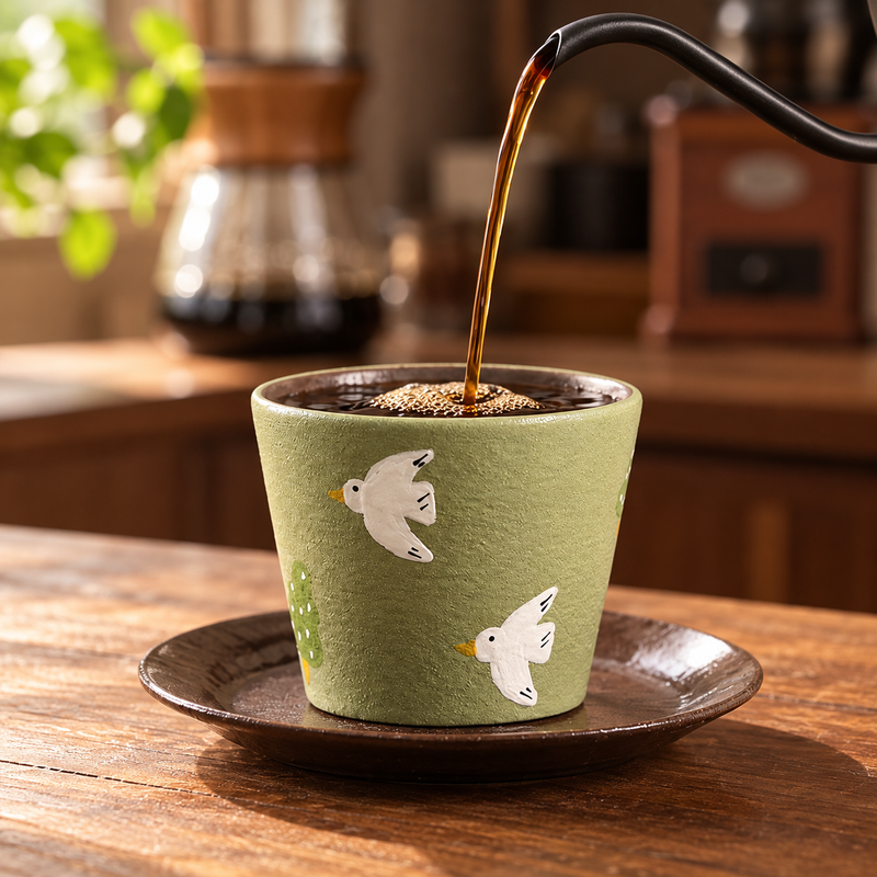 Kaffee wird in eine salbeigrüne Keramiktasse Tauben auf einer dunkelbraunen Untertasse gegossen.