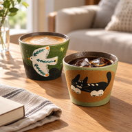 Tasse Schwarze Katze mit Eiskaffee und Tasse Vogel mit Blättern mit Latte auf einem sonnigen Tisch.