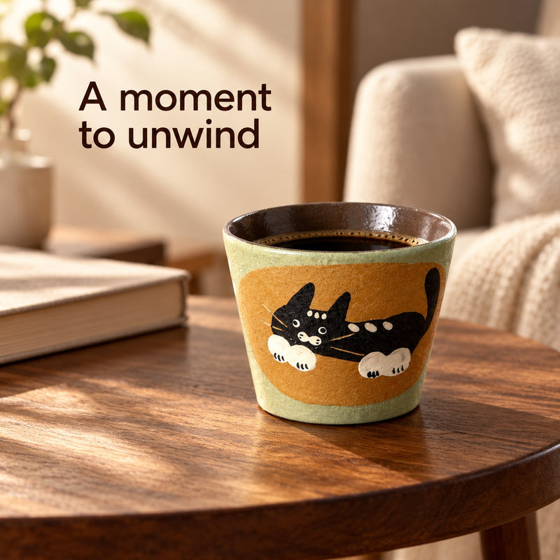 Sage-green ceramic cup with a reclining black cat motif filled with coffee on a wooden table beside a book.