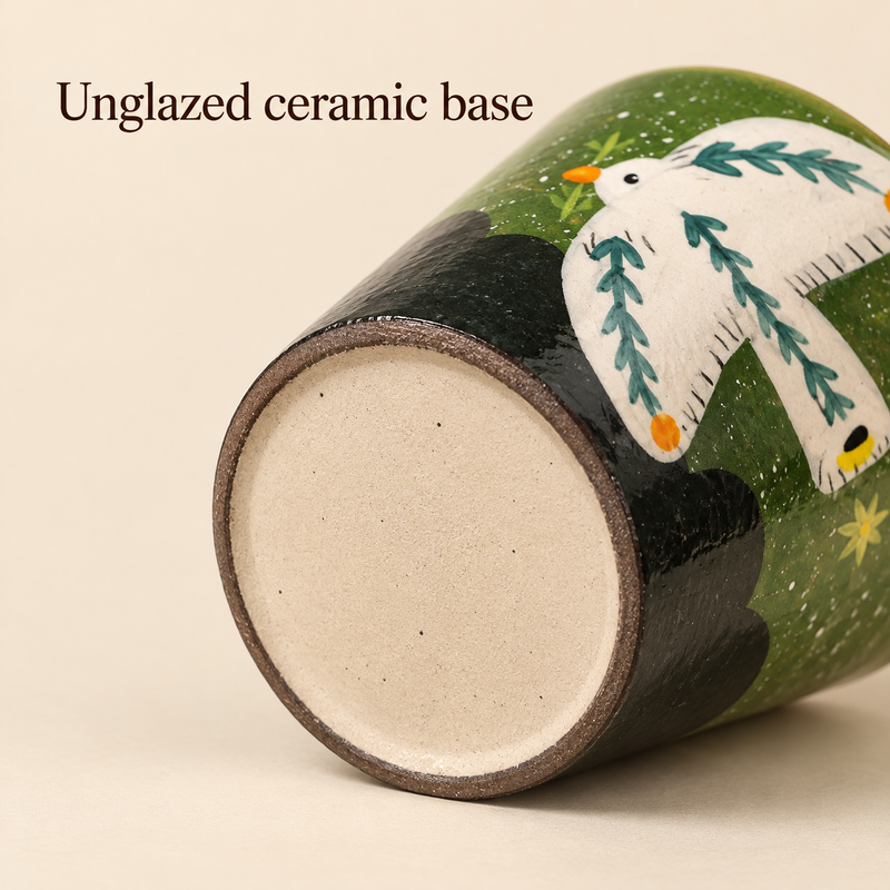Unterseite der Keramiktasse Vogel mit Blättern mit unglasiertem cremefarbenem Boden und dunklem Außenrand.