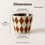 Cup dimensions: approximately 9.5 cm mouth diameter, 7.5 cm height and 6.5 cm base diameter, with inch conversions.