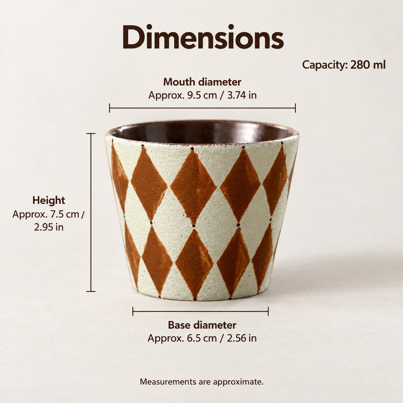 Cup dimensions: approximately 9.5 cm mouth diameter, 7.5 cm height and 6.5 cm base diameter, with inch conversions.