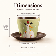 Tassenmaße: 9,5 cm Öffnung, 7,5 cm Höhe und 6,5 cm Boden; abgebildete Untertasse 15 cm Durchmesser; mit Angaben in Zoll.