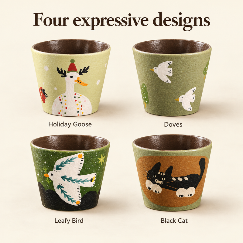 Vier Keramiktassen-Designs: Festtagsgans, Tauben, Vogel mit Blättern und Schwarze Katze.