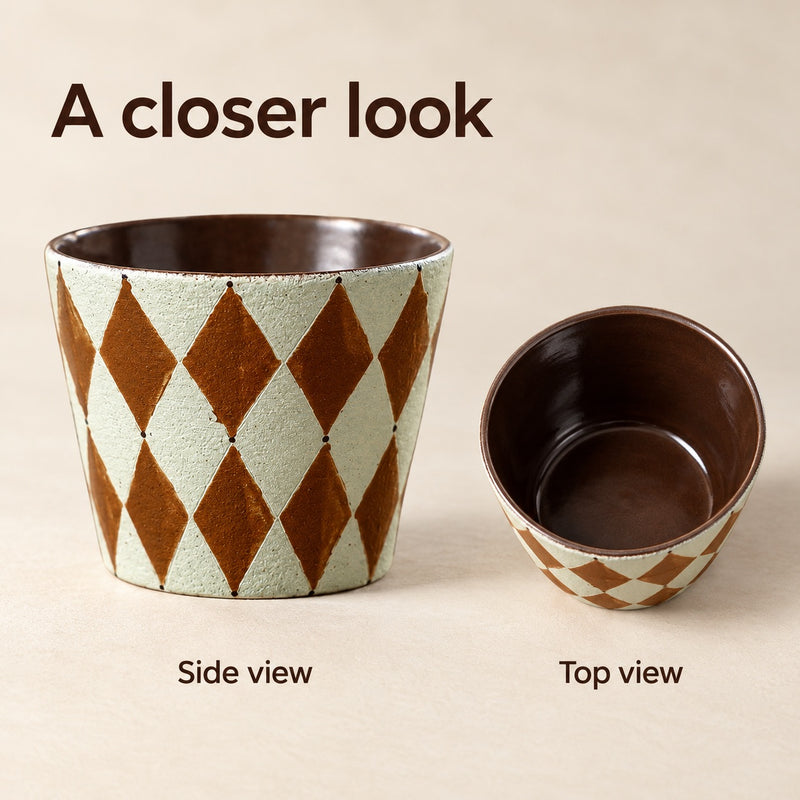 Side and top views of the diamond-pattern ceramic cup showing its tapered body and brown glazed interior.