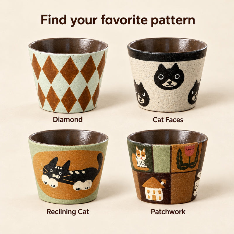 Four ceramic cup pattern options shown individually: Diamond, Cat Faces, Reclining Cat and Patchwork.