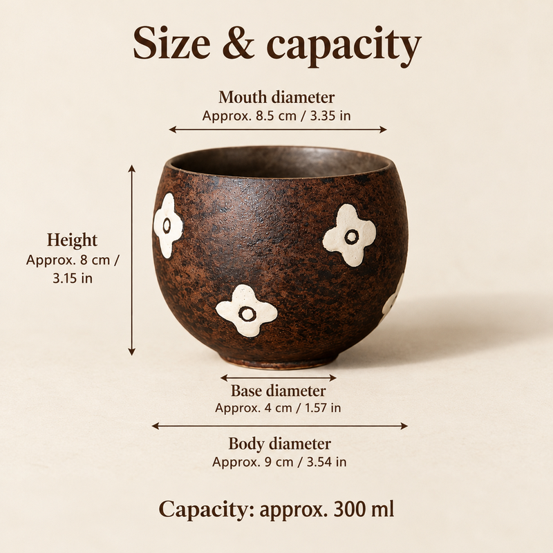 Dimensioni indicative della tazza: bocca 8,5 cm, altezza 8 cm, base 4 cm, diametro del corpo 9 cm e capacità 300 ml