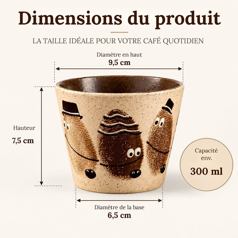 Dimensions de la tasse en céramique de 300 ml : diamètre en haut 9,5 cm, hauteur 7,5 cm, diamètre de la base 6,5 cm