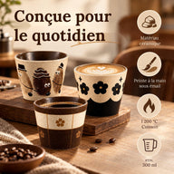 Infographie : matériau céramique, peinture à la main sous émail, cuisson à 1 200 °C et capacité d’env. 300 ml