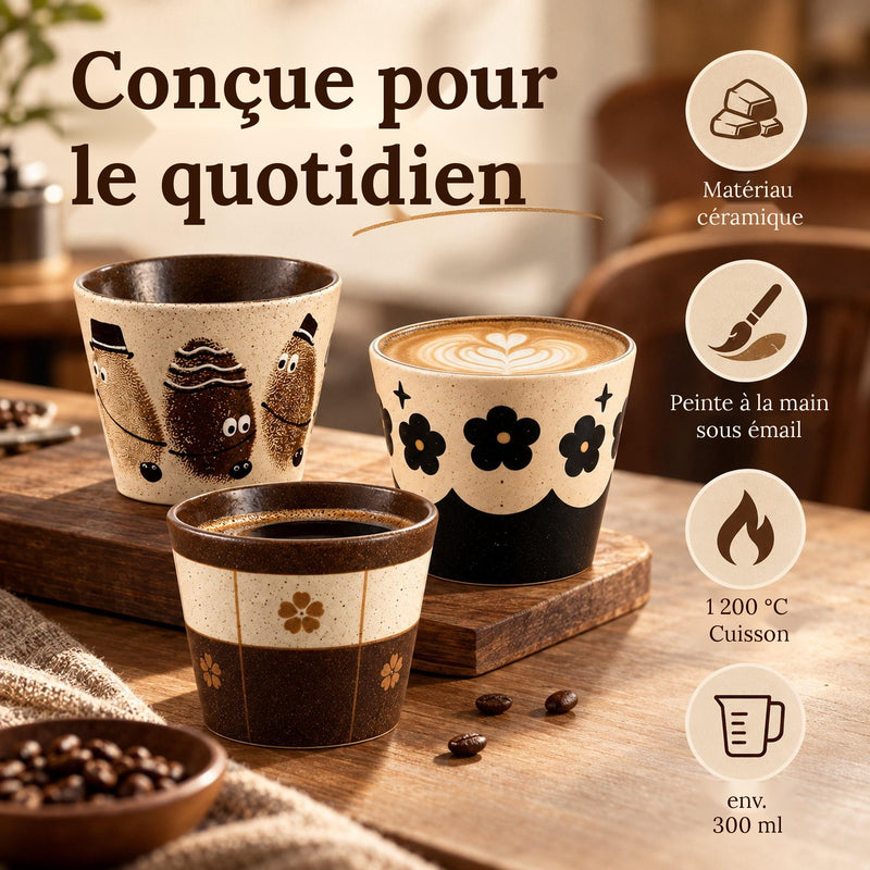 Infographie : matériau céramique, peinture à la main sous émail, cuisson à 1 200 °C et capacité d’env. 300 ml