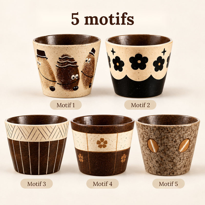 Cinq motifs de la tasse en céramique sans anse, motifs 1 à 5