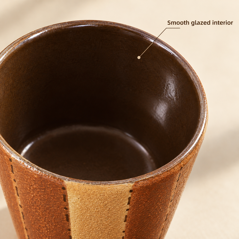 Nahaufnahme des abgerundeten Rands und des dunkelbraun glasierten Innenraums der rostrot gestreiften Keramiktasse.