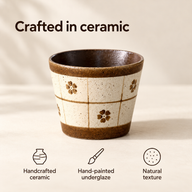 Brown floral grid ceramic cup with icons for handcrafted ceramic, hand-painted underglaze and natural texture